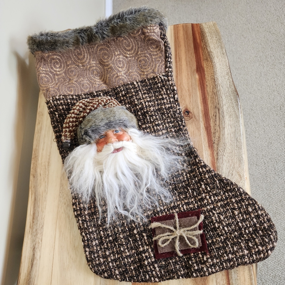 3D Santa Claus Sculpture Christmas Stocking Tweed Fur Trim